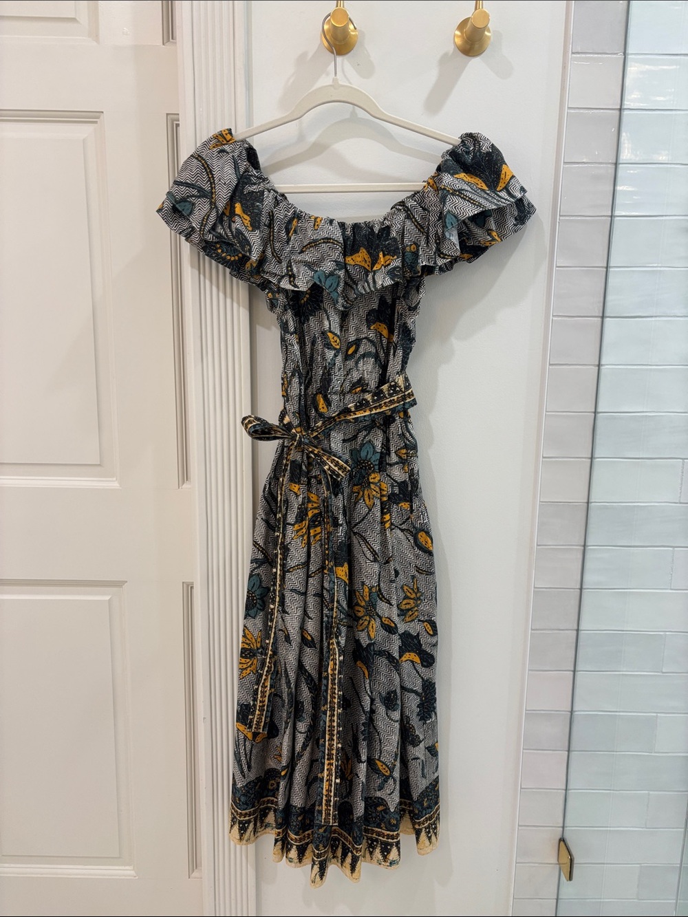 Ulla Johnson Off-the-Shoulder Floral Maxi Dress in Gray, Yellow and Teal